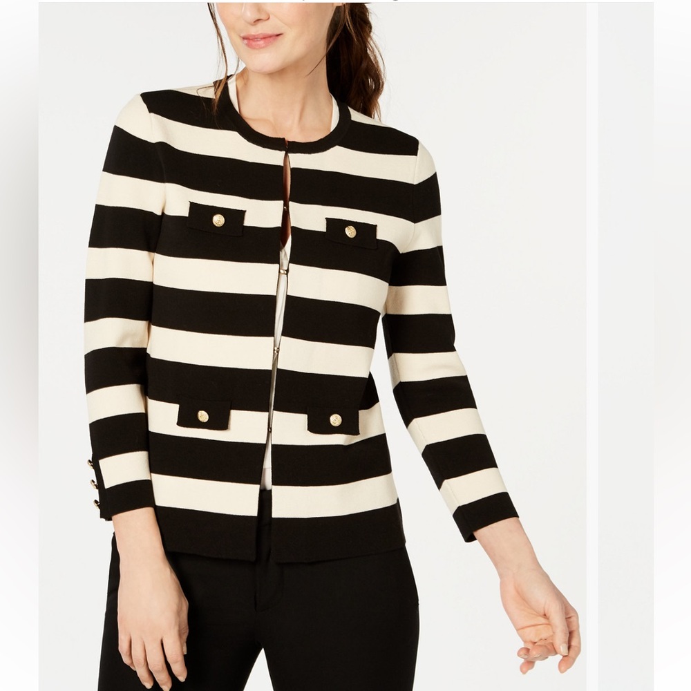Anne Klein black white striped gold button cardgian jacket top